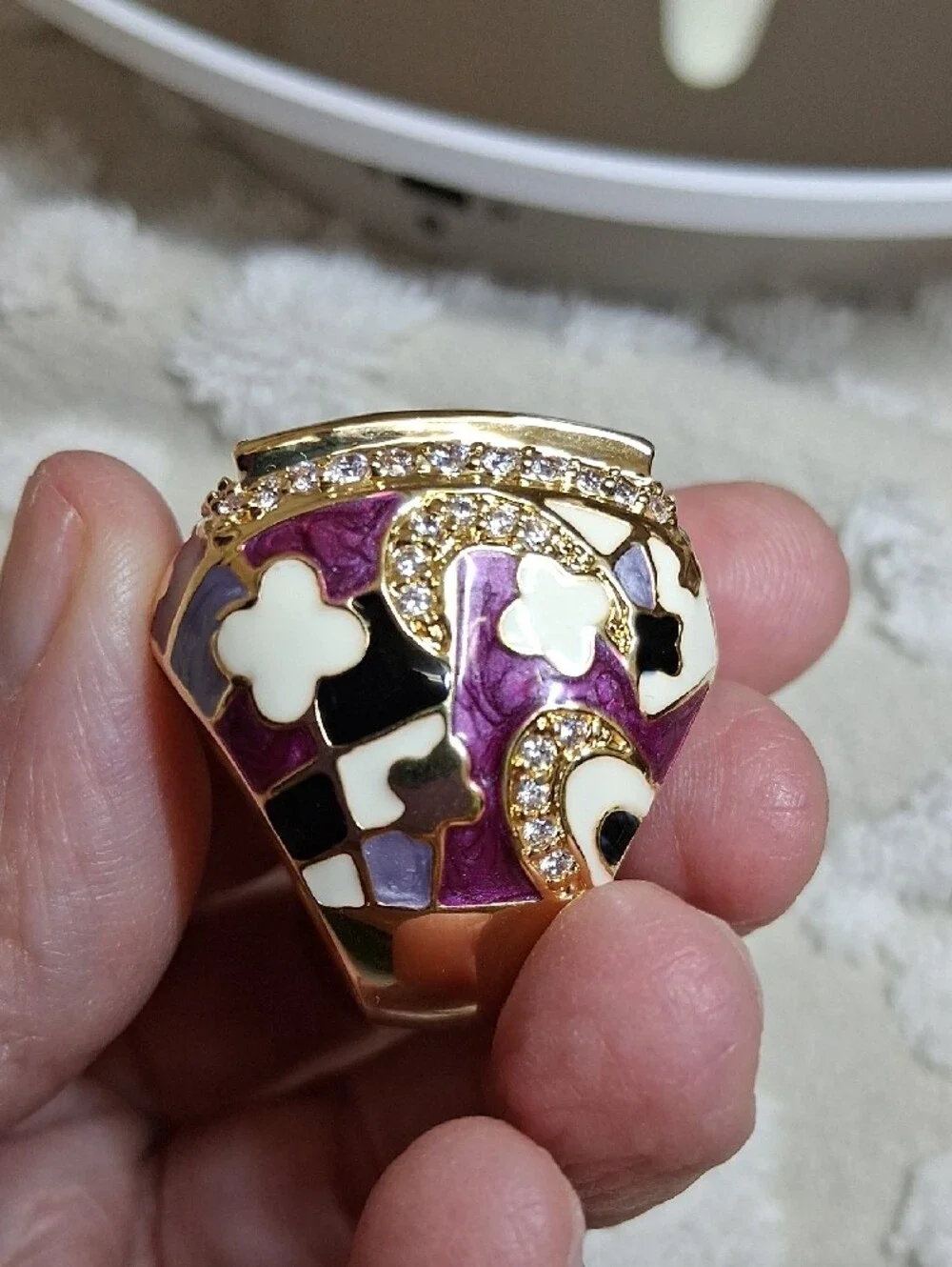 Gold-Tone Enamel Ring with Faceted Lilac Purple Crystal